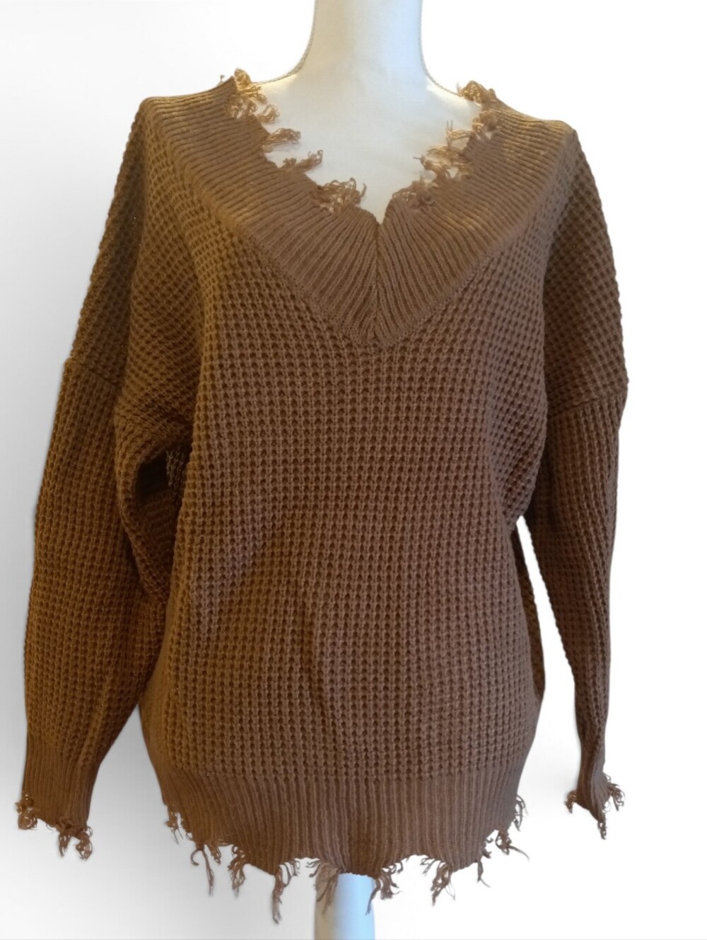 Zenana Brown Waffle Knit Neck Distressed Frayed Hem Sweater Medium